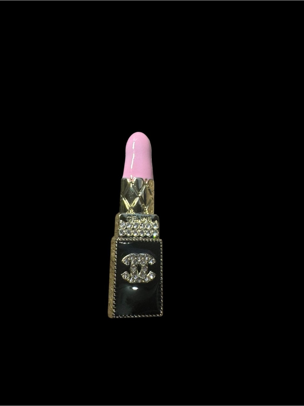 Elegant Pink Lipstick Brooch Pin with Black and Gold Accents